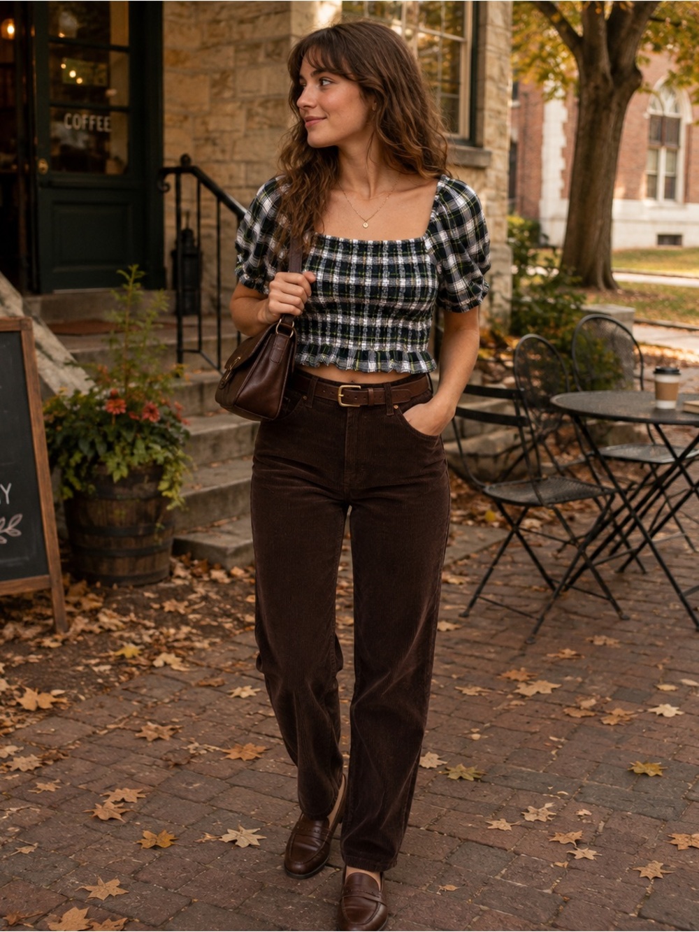 American Eagle Plaid Smocked Crop Top Puff Sleeve Dark Academia M